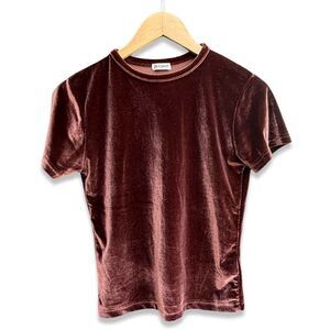 Vintage Y2K Airport Velvet Short Sleeve Top in Brown | Small